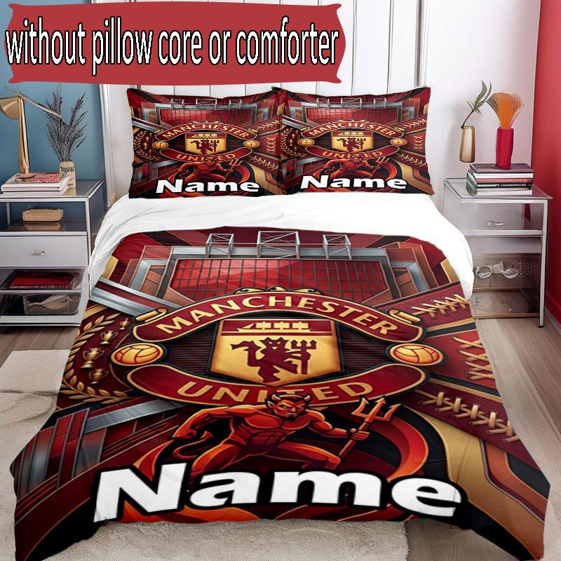 3pcs Duvet Cover Set (1*Duvet Cover + 2*Pillowcase, Without Core), Custom Name Manchester United Pattern Bedding Set, Home Bedroom Decor Gift