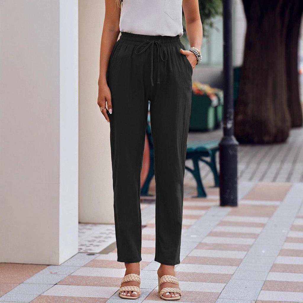 Женские хлопково-льняные брюки с кулиской и широкими штанинами