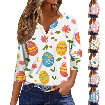 Жен. Футболка Футболка С принтом Пуговицы Рукав 3/4 Повседневные Выходные Мода Классический V-образный вырез Обычный Топ