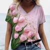 Fashion Tulip 3D Printed Women's T-shirt Summer Casual Flower V-neck Shirt Vintage Harajuku Women's Plus Size Top T-shirt