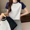 Cotton-included Retro Contrasting Slim Fit Short Summer New Short-sleeved T-shirt for Women's Trendy Round Neck Top