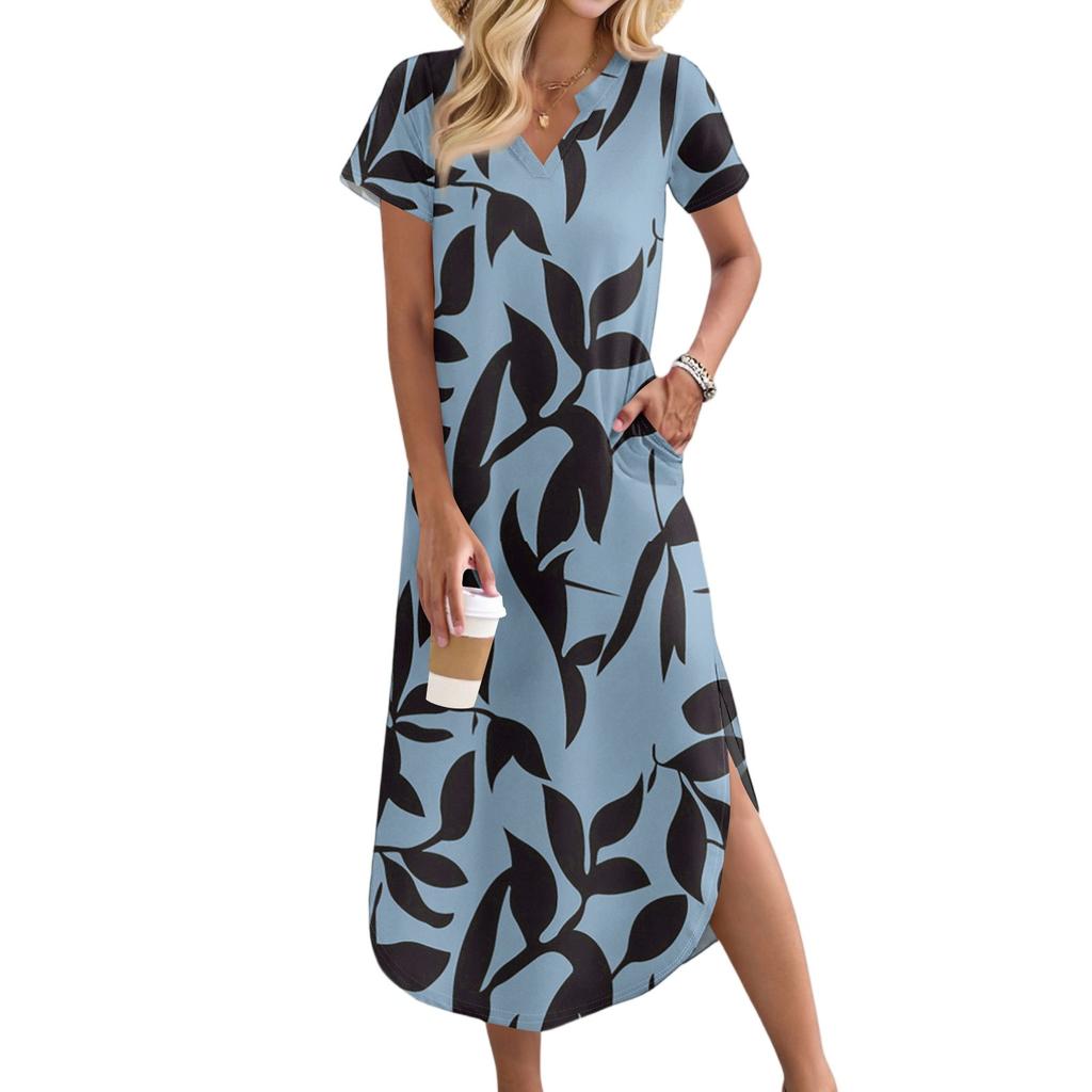 Women's Casual Comfortable V Neck Loose Hem Split Vacation Short Sleeve Floral Long Dresses