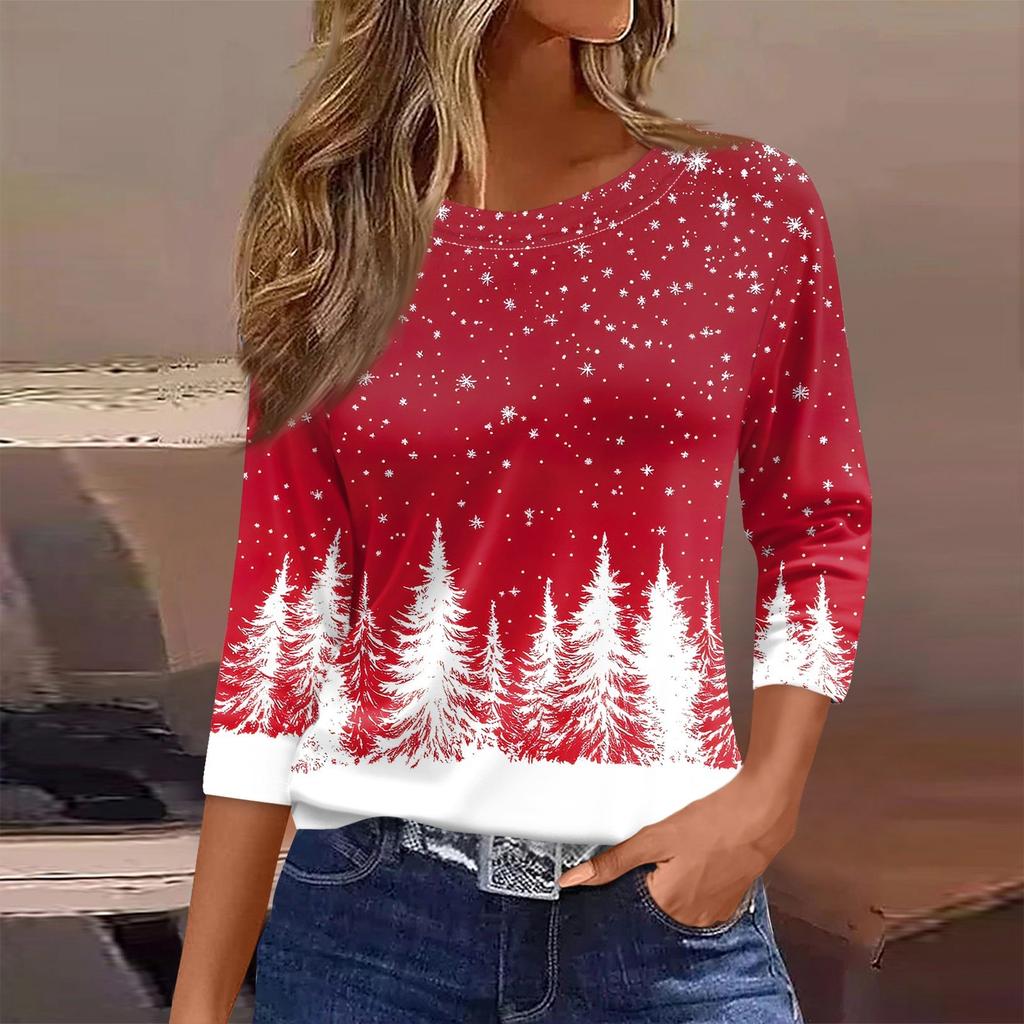 Женская футболка с рождественским принтом, рукав 3/4, повседневная, модная, на выходные, базовая, с круглым вырезом, стандартный топ