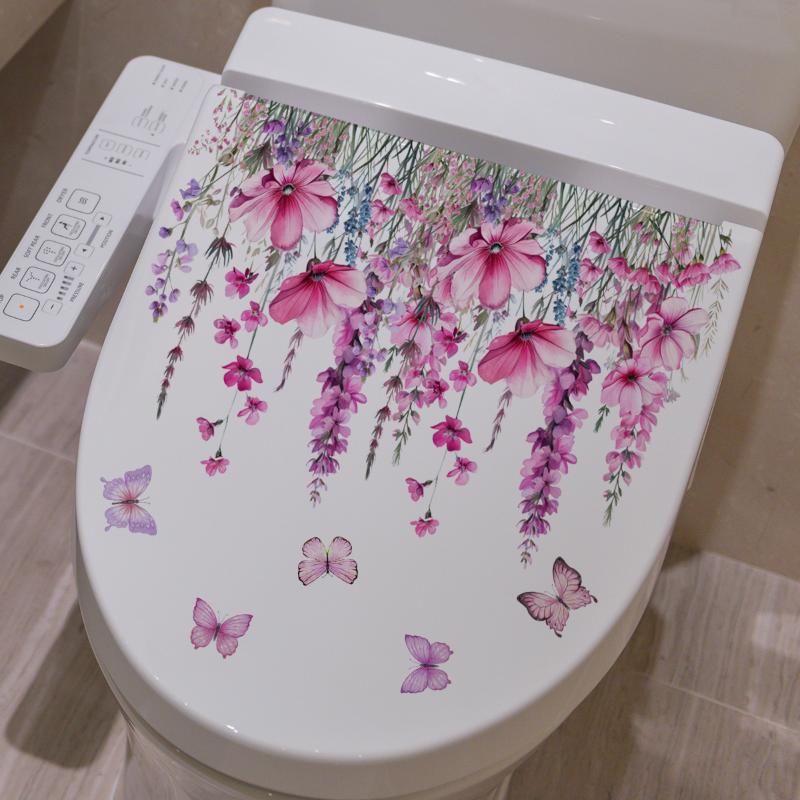 Pink Flower Butterfly Self-adhesive Toilet Seat Sticker Detachable Cute Decor for Girls Private Bathroom Decoration