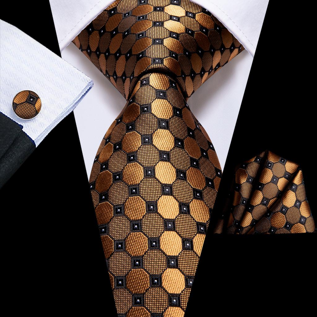 Hi-Tie Dark Gold Plaid Jacquard Mens Silk Tie Classic Necktie Cufflink Hanky Set