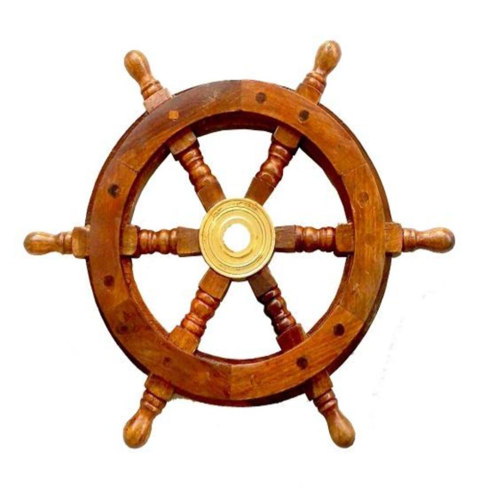 Деревянный настенный декор в виде штурвала корабля с золотой латунной ступицей – 30 см,