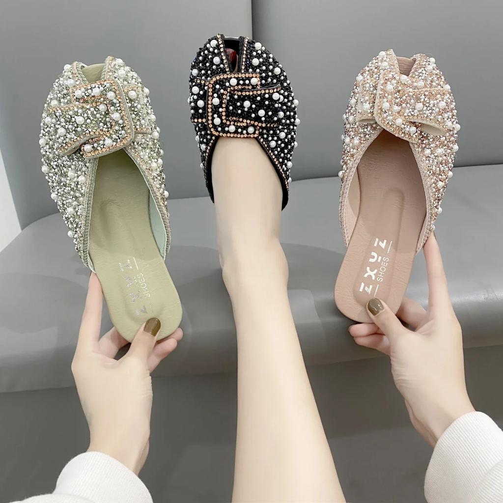 Fashion For Women 2024 Loafers Glitter Slides Ladies' Slippers Peep Toe Flat Shoes Female Pantofle Fashion Jelly New Luxury