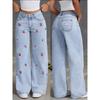 Women Jeans Embroidery High Waist Distressed Washed Pockets Vintage Floor Length Trousers 2025 Denim Wide Leg Pants Streetwear