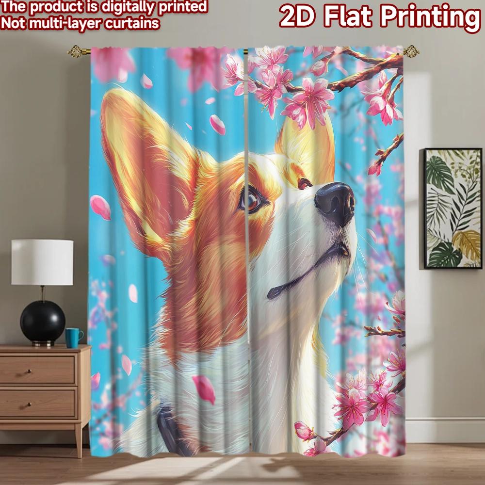 2D плотная печать 2 шт. Шторы Милый Корги Цветение Сакуры Небо Цифровая Печать Полиэстер Шторы Декор для Вечеринки Идеально для Фото
