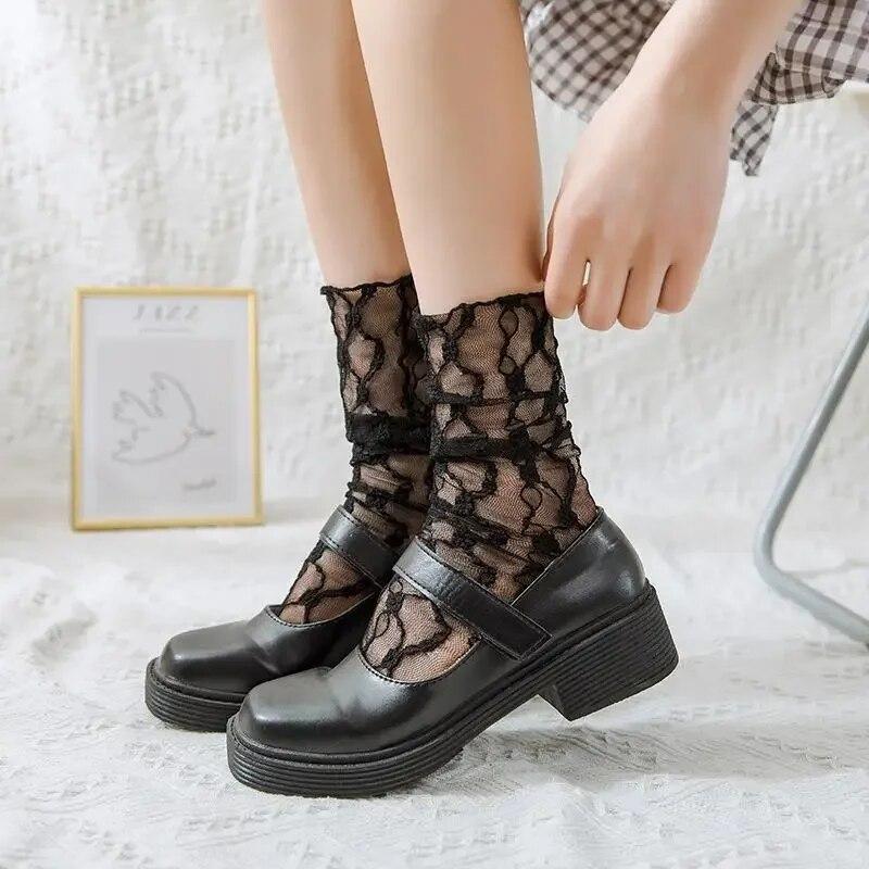 Кружевные носки, женские летние ультратонкие прозрачные сетчатые свободные длинные носки в сетку JK Lolita, милые кавайные милые носки принцессы для девочек