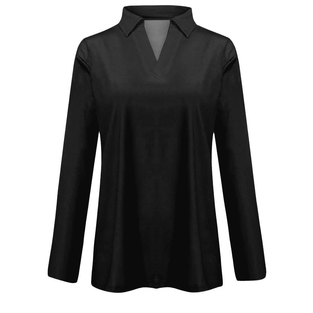 Women's Autumn And Winter Tops V-Neck Solid Color Casual Fashion Top T-Shirt