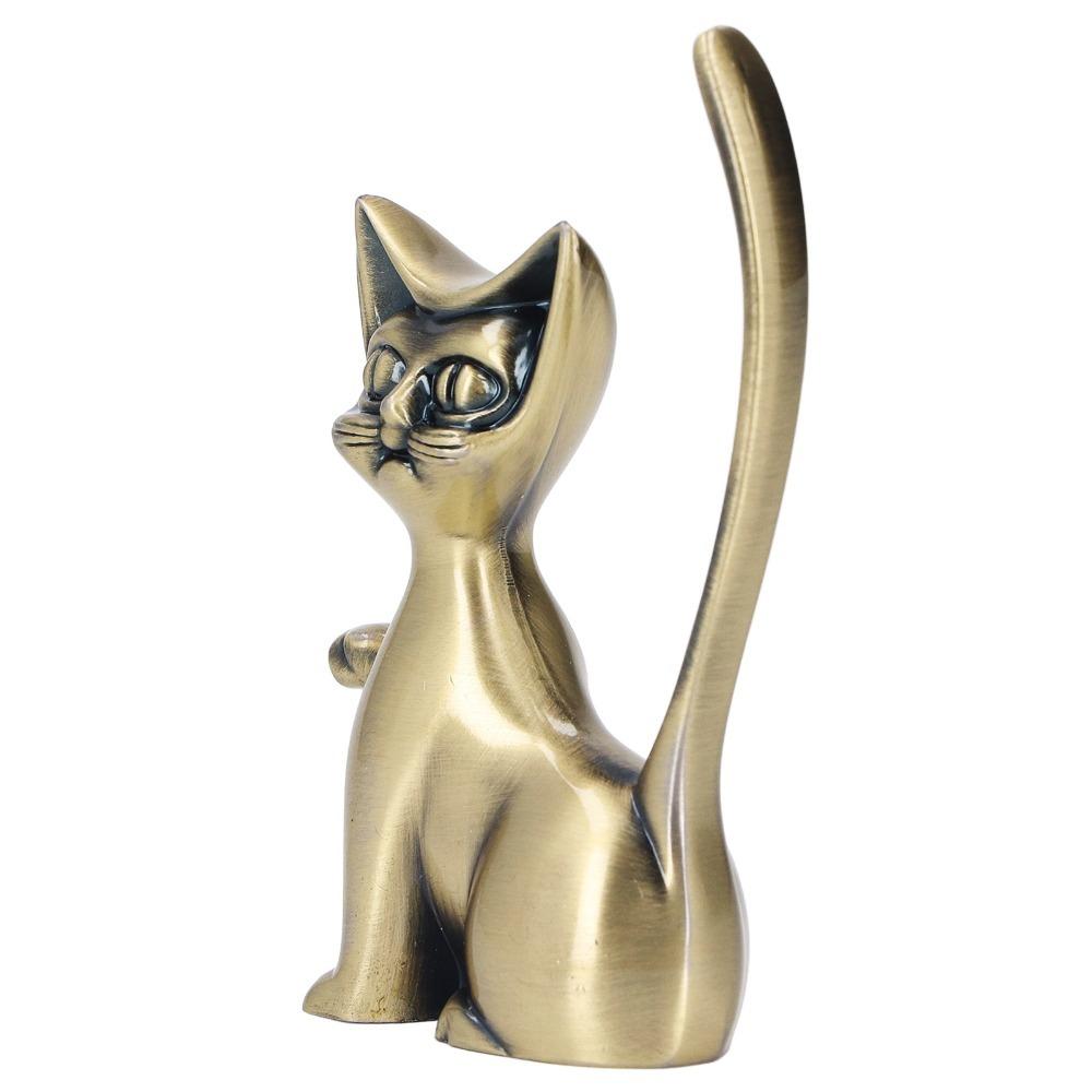 Zinc Alloy Cat Ring Holder Solid Brass Cat Statue Jewelry Towers Ring Organizer Shelf Decor