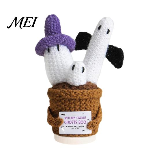 Thoughtful Care Package for Friends Hand Knitted Halloween Ghost Ornament, Crochet Plush Doll with Cute Desk Ornament Encouragement Card, Desktop