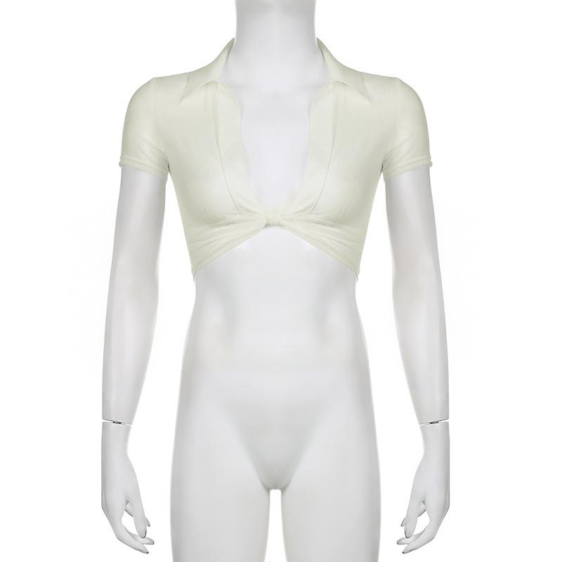 Сексуальная сетчатая футболка европейского стиля с V-образным вырезом и короткими рукавами - Женская летняя облегающая однотонная накидка с перекрутом