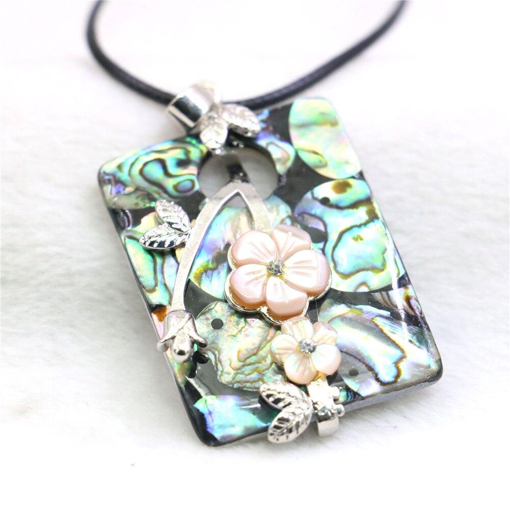 30X40mm Square Flower Leaf Mirage Natural Abalone Sea Pearl Shells Pendants Necklace Alloy Black Rope Chain Women Girls Jewelry