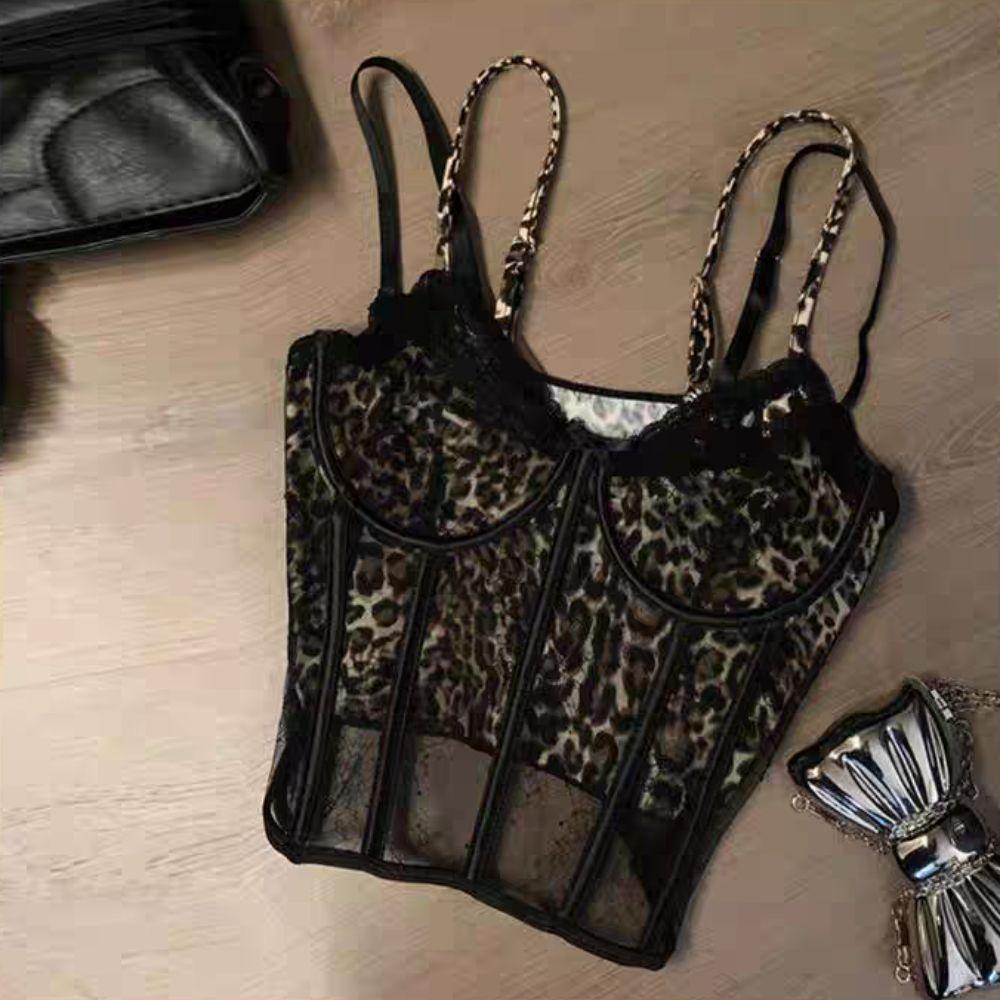 Transparent Leopard Mesh Corset Lace Suspender Vest with Pads Slim Crop Tops Spring Summer