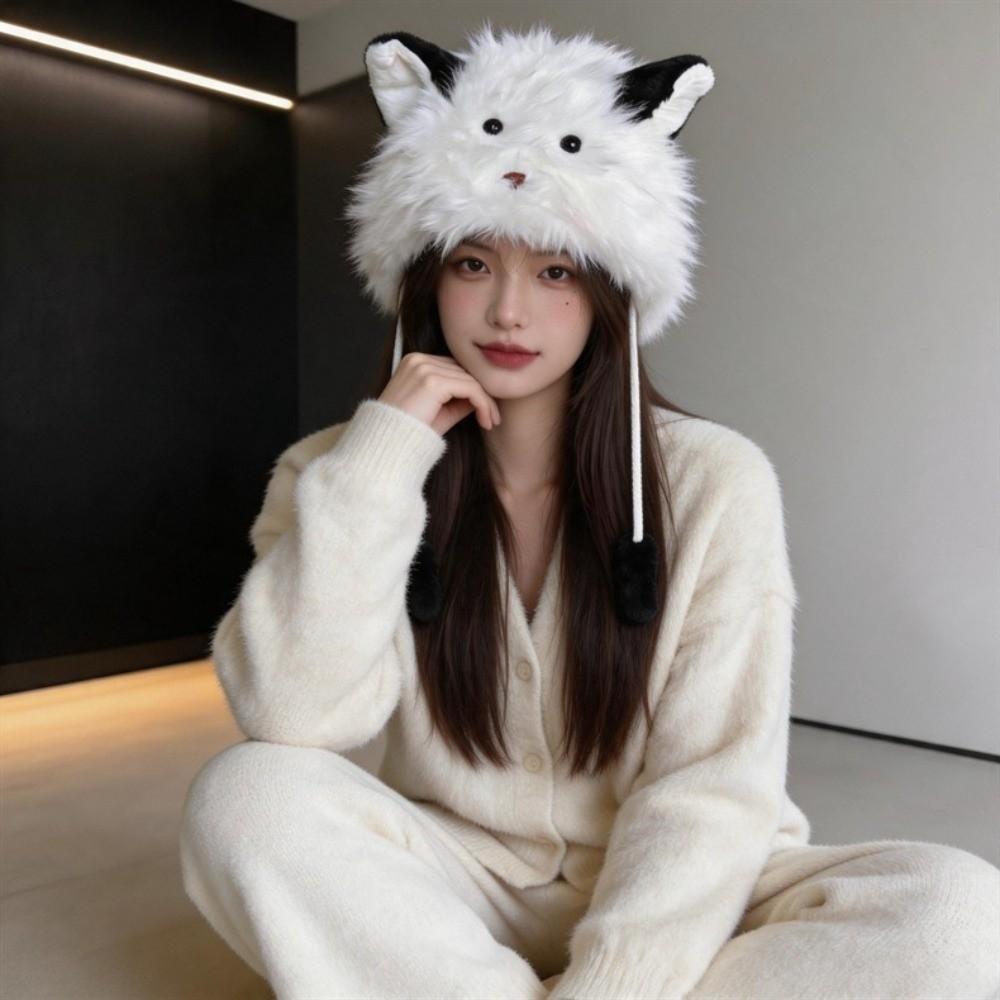 Ear Protection Plush Beanie Warm Lei Feng Cap Cute Faux Fur Hat for Women
