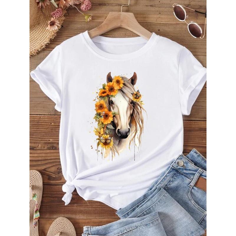 (Европейский размер) Модная женская одежда с принтом цветов и кактусов, трендовая, милая, с коротким рукавом, повседневная футболка, женская футболка с принтом, женская футболка, графические футболки