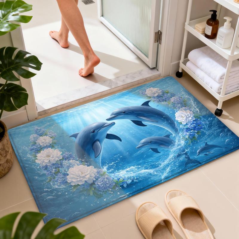 Luxury Dolphin Ocean Bath Mat Set Blue Nautical Bathroom Rug Home Decor Accessories for Coastal Bathroom Toilet