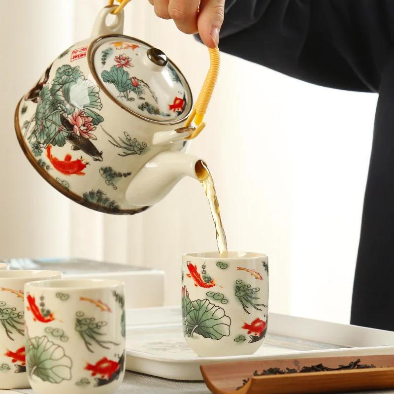 Retro Light Luxury, Large Capacity Teapot Tea Cups, Ceramic Celadon Kung Fu Tea Set, a Pot of Six Cups with Filter Green Teapot