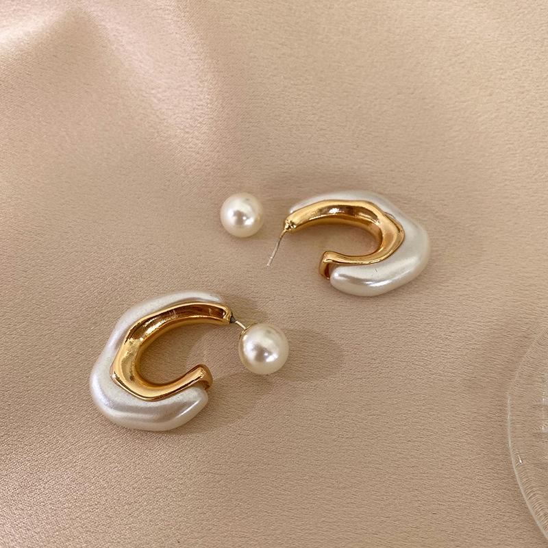 New Pearl C-shaped Exaggerated Women's Dangle Earrings Two In One Unique Design Drop Earrings for Women Trendy Fashion Jewelry