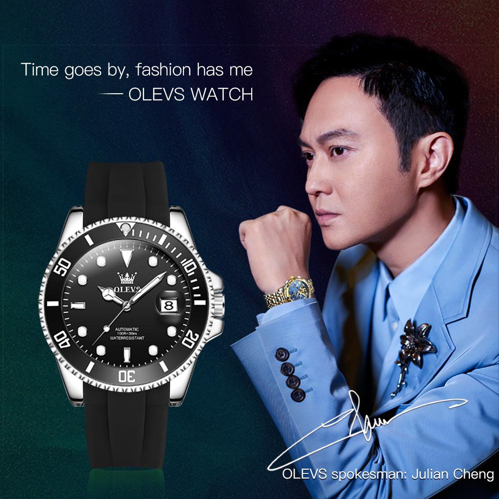 OLEVS 6650 Fashion Mechanical Watch Gift Silicone Watchband Round-dial Wristwatch Calendar Luminous Rotary Lap Waterproof Watch