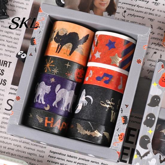 Thin Layering Washi Tape 8 Rolls Halloween Tape, Spooky Bat Witch Cat Pattern Decorative Lightweight for Junk Journaling Supplies, Scrapbooking,