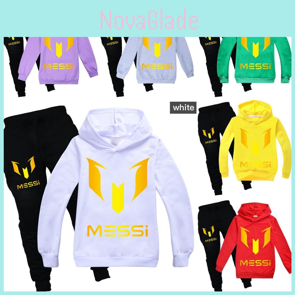 Messi Letter Print Cartoon Kids Hoodie And Pants Set With Cotton Fabric