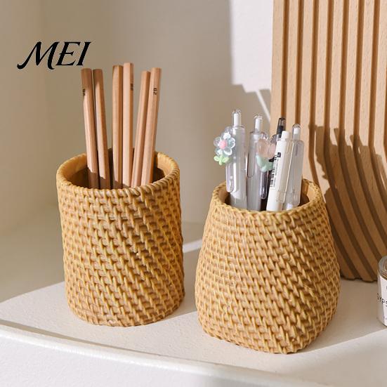 Pencil Organizer Faux Rattan Pen Holder, Woven Style Makeup Brush Boho Desk Desktop Organizer, Multi-functional Resin Cup for Home Office Storage