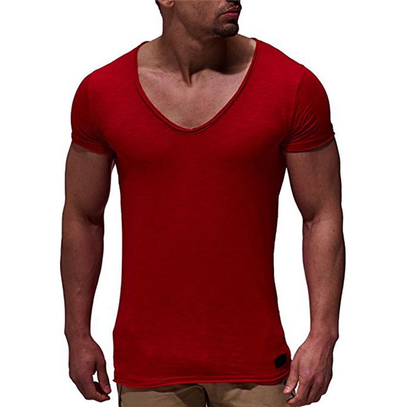 V-Neck Short Sleeve T-shirt Top Slim Muscle Casual T-shirt Men