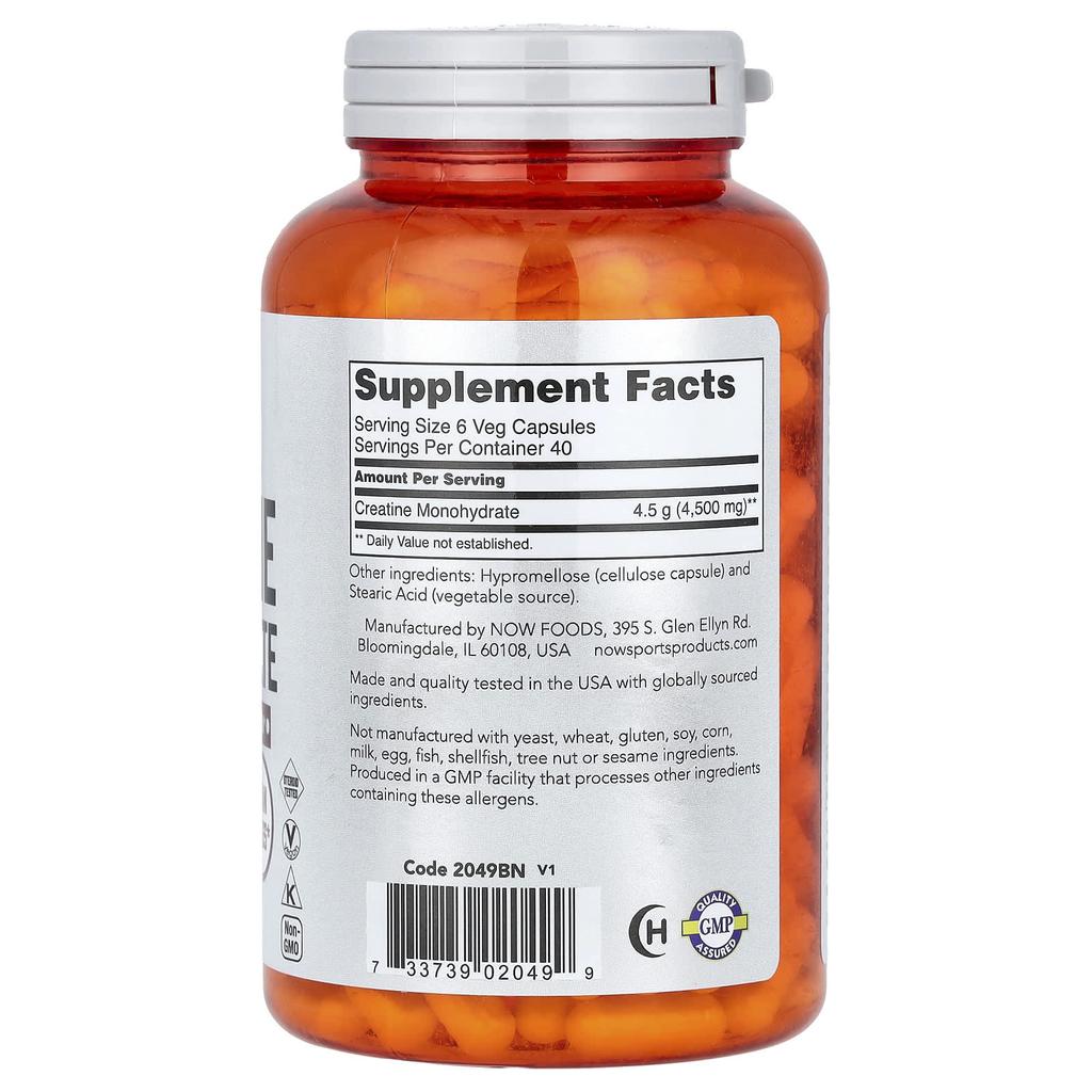 NOW Foods, Sports, Creatine Monohydrate, 4,500 mg, 240 Veggie Capsules (750 mg per capsule)