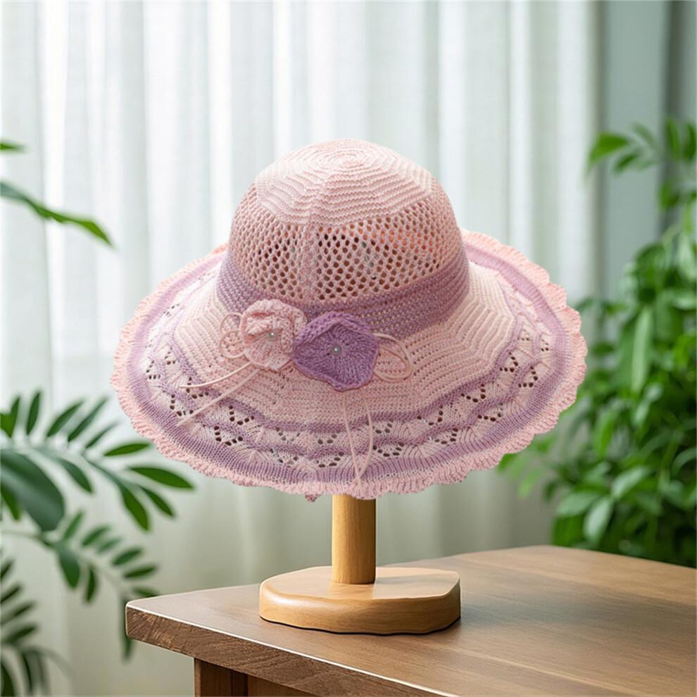 (One Size, Pink) Women Summer Knit Sun Hat Breathable Crochet Flower Wide Brim Sun Protection Fisherman Cap