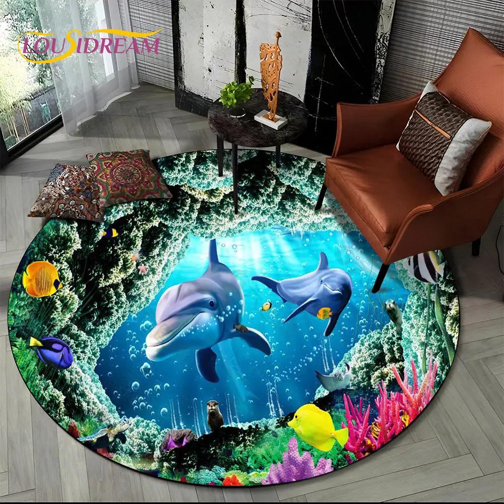 3D иллюзия морского дна, подводный мир, круглый коврик с дельфинами, ковер для гостиной, спальни, диван, декор для игровой комнаты, нескользящий напольный коврик