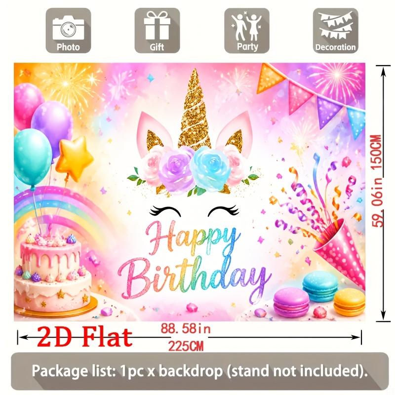 Whimsical Pastel Unicorn with Floral Crown, Rainbow, Balloons and Happy Birthday Script, Vibrant Celebration Backdrop for Birthday Party