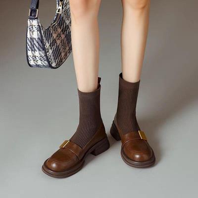 Женские вязаные эластичные ботильоны-носки на толстом каблуке средней высоты в стиле ретро для осени/зимы 2025