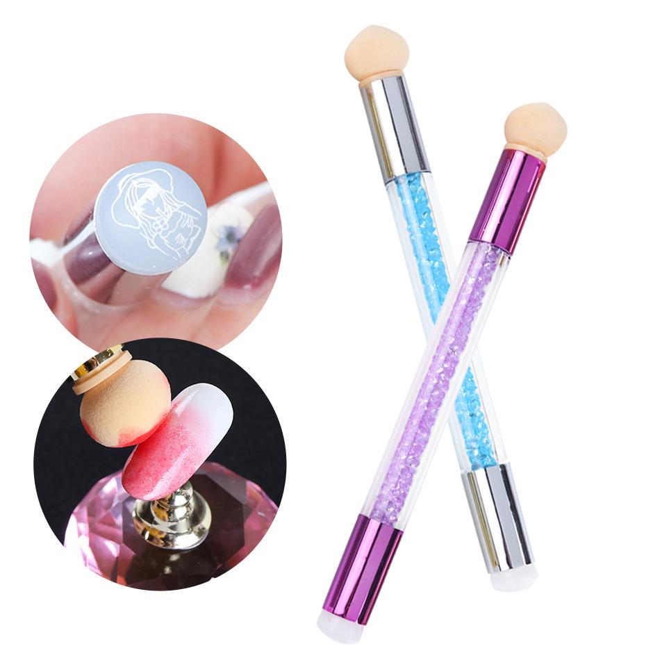 Double-Ended Nail Pen Nail Art Gradient Painting Sponge Silicone Nail Art Stamp Manicure Tool with Rhinestone Handle