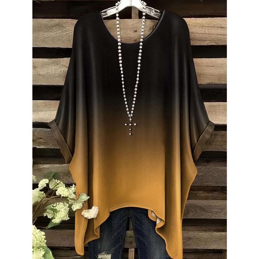 Women 's T-Shirt Simple Color Gradient Print Elegant Irregular Hem O- Neck Women's Clothing Casual T-Shirt Vacation Style Loose