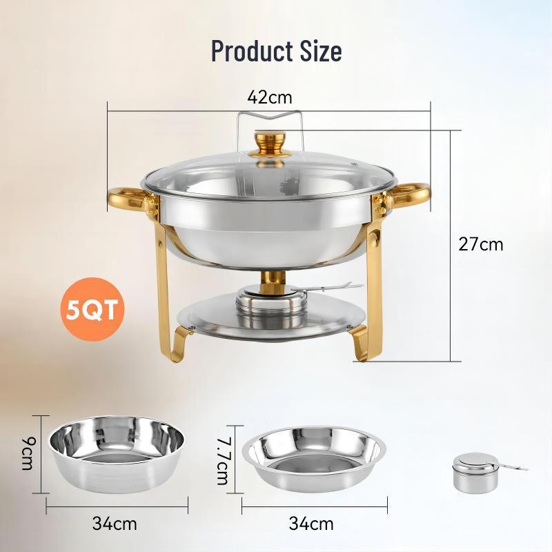 Stainless Steel 5L Round Alcohol Buffet Stove with Glass Lid and Hook for Outdoor Use