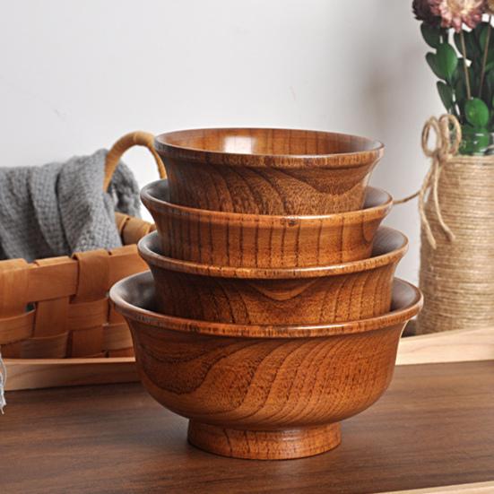 190/240/300/425/475ml Wooden Bowl Reusable Reverse Edge Round Thickened Anti-scalding High-footed Mongolia Style Rice Bowl Kitchen