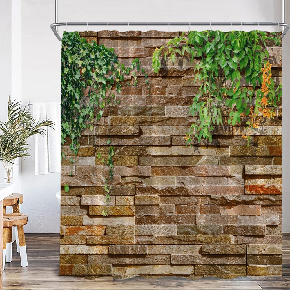 Green Vines Brick Wall Shower Curtain Pink Flowers European Garden Arch Door Bathroom Decorations Vintage Bath Curtain with Hook