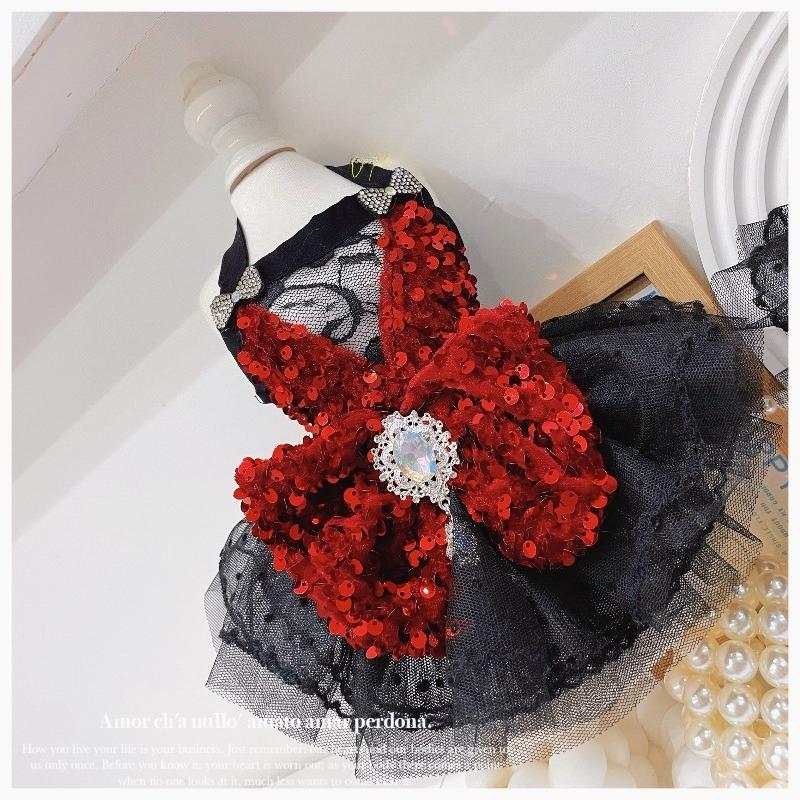 Black Red Gothic Pet Halter Dress Shiny Sequins Bling Crystal Brooch Double Bows Lace Ruffle Mesh Princess Sundress Pet Clothes