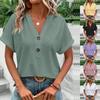 Women Casual Short Sleeve V Neck Summer Hollow Out Breathable Solid Color Button V Neck T Shirt Blouse Top