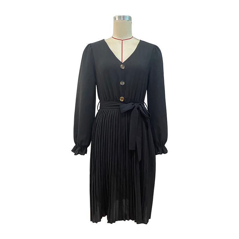 Early Autumn Fashion Pleated Women's Black V Neck Long Sleeve Lace Up High Waist A Line Dress