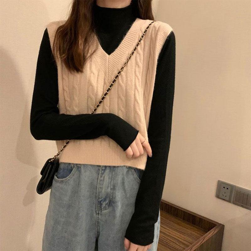 Loose V-neck Knitted Vest Women Spring Autumn and Winter Solid Color Twist All-match Waistcoat Sweater Vest