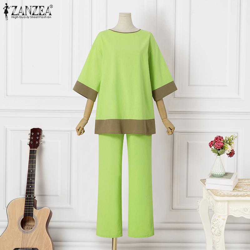 ZANZEA Cotton Outfits Womens 3/4 Sleeve Blouse and Pants Casual Two Piece Suit Set