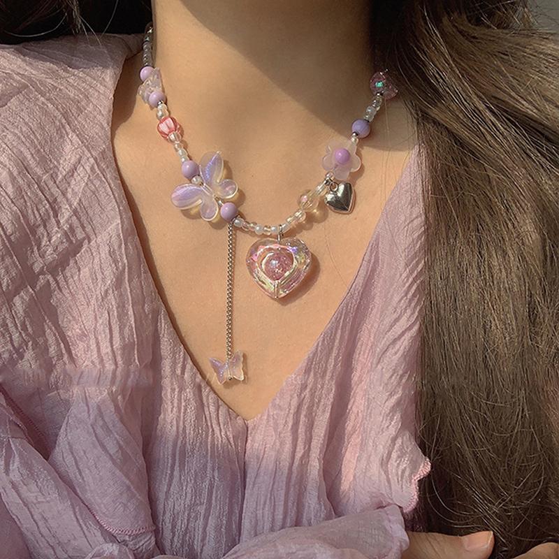 Y2K Сердце Бабочка Подвеска Чокер Ожерелье Цветной Бисер Ключичная Цепочка Для Женщин Девочек Панк Милая Эстетическая Украшения Для Вечеринки