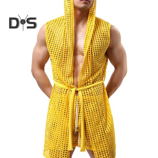 Men Sexy Hooded Nightgown Sleeveless Solid Color Hollow Out Mesh Summer Loungewear Lace-up Night Robe Homewear