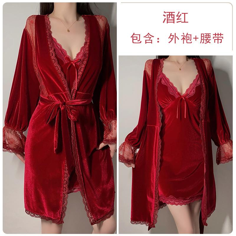 Women's Plus Size Velvet Padded Cami Sleep Dress with Robe Lounge Set