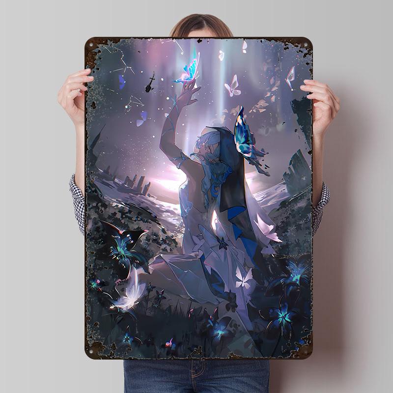 Girl With Butterflies in Fantasy Landscape Poster Customized Wall Art Vintage Metal Signs Retro Tin Plaque for Man Cave House