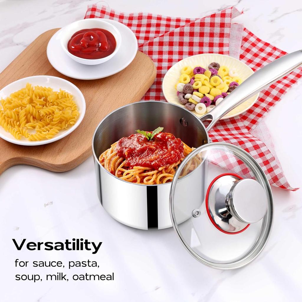 Маленькая кастрюля емкостью 1 кварта, трехслойная кастрюля для молочного соуса из нержавеющей стали со стеклянной крышкой, кухонная индукционная посуда для приготовления тушения, которую можно мыть в посудомоечной машине